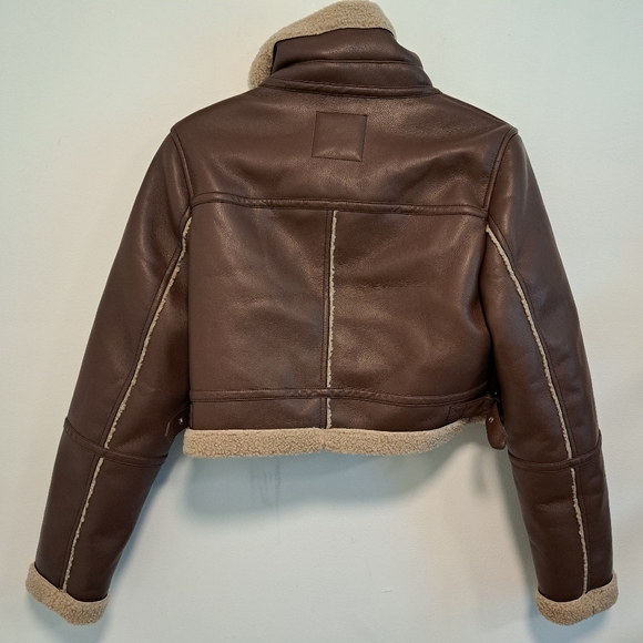 Garage Cropped Aviator Jacket Sherpa Lined Coat Brown Faux Leather Women's Sz M - Picture 12 of 16